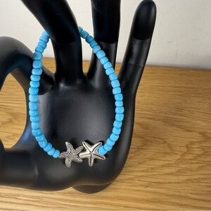 Glass Beaded Elastic Bracelet Blue Metal Antique Silver Plated Starfish